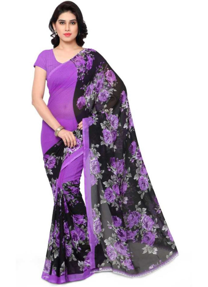 Printed Faux Georgette Purple Color Saree only in Bigswipe