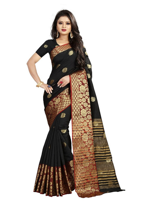 Black Color Printed Cotton Silk Saree With Blouse only in Bigswipe