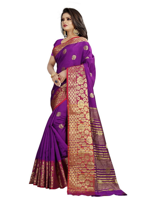 Blue, Purple Color Printed Cotton Silk Saree With Blouse only in Bigswipe