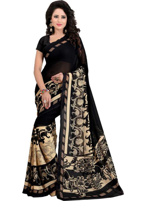 Black Color Printed Georgette Saree With Blouse only in Bigswipe