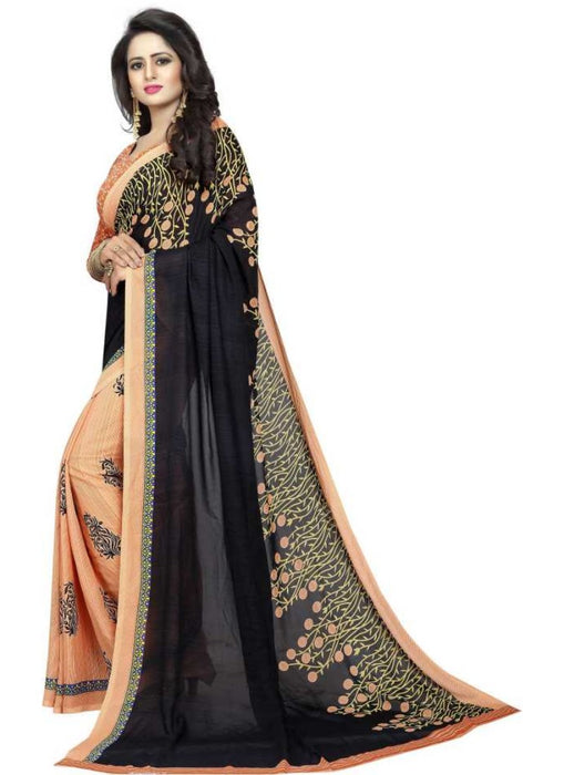 Black And Orange Color Printed Georgette Saree With Blouse only in Bigswipe