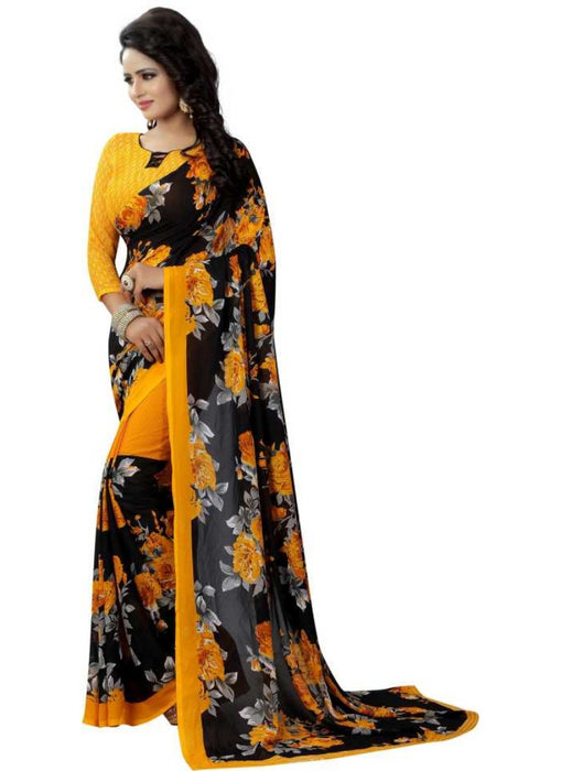 Black And Yellow Color Printed Georgette Saree With Blouse only in Bigswipe