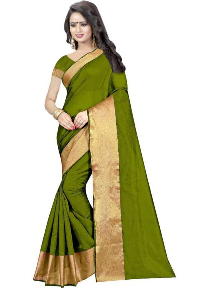 Mehandi Color Printed Cotton Polyester Silk Saree With Blouse only in Bigswipe