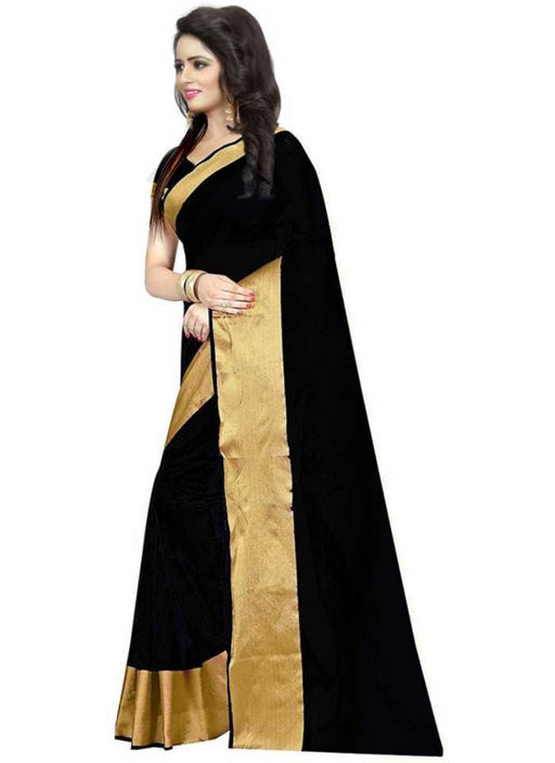 Black Color Printed Cotton Polyester Silk Saree With Blouse only in Bigswipe