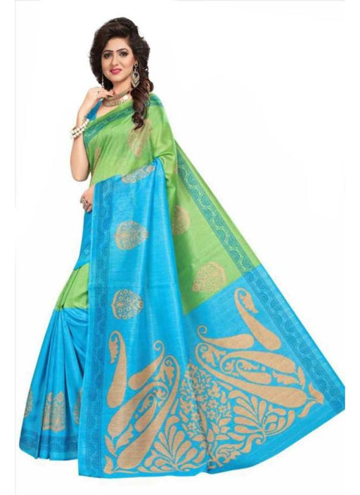 Green And Sky Blue Color Printed Bhagalpuri Silk Saree With Blouse only in Bigswipe