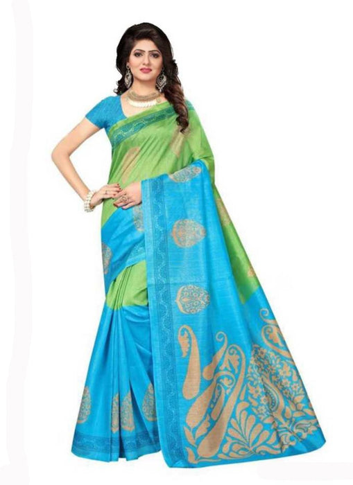 Green And Sky Blue Color Printed Bhagalpuri Silk Saree With Blouse only in Bigswipe