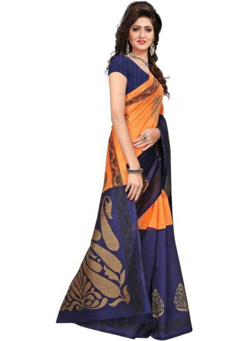 Oranage And Blue Color Printed Bhagalpuri Silk Saree With Blouse only in Bigswipe