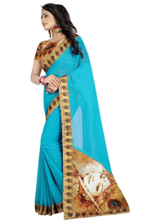 Sky Blue Color Printed Chiffon Saree With Blouse