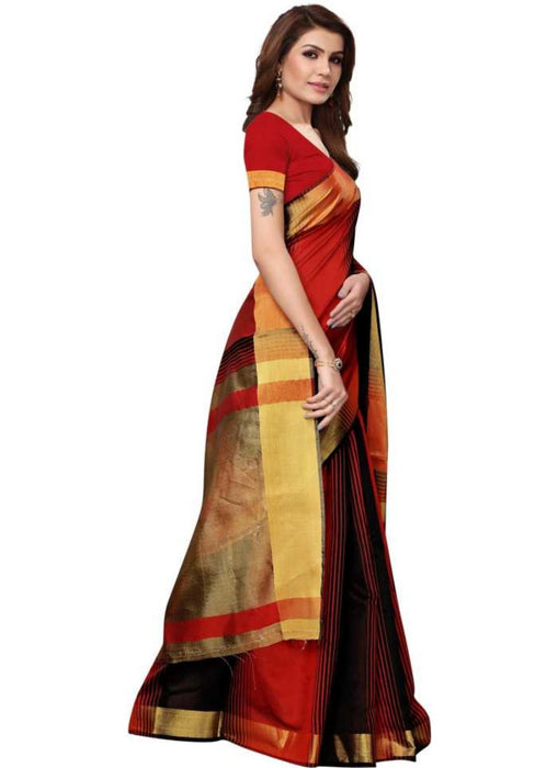 Black And Red Color Printed Cotton Silk Saree With Blouse only in Bigswipe