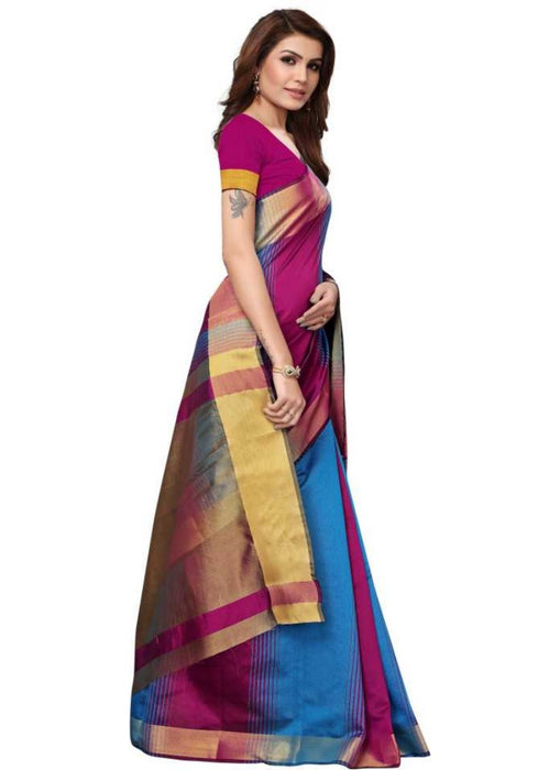 Pink And Blue Color Printed Cotton Silk Saree With Blouse only in Bigswipe