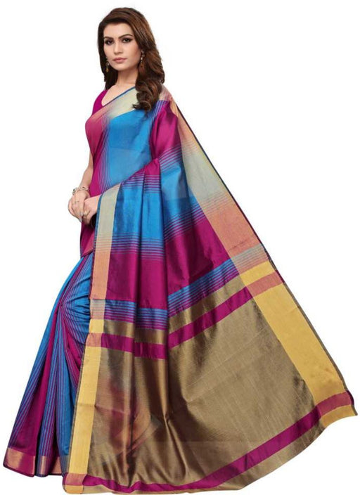 Pink And Blue Color Printed Cotton Silk Saree With Blouse only in Bigswipe