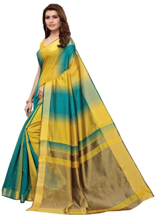 Yellow And Green Color Printed Cotton Silk Saree With Blouse