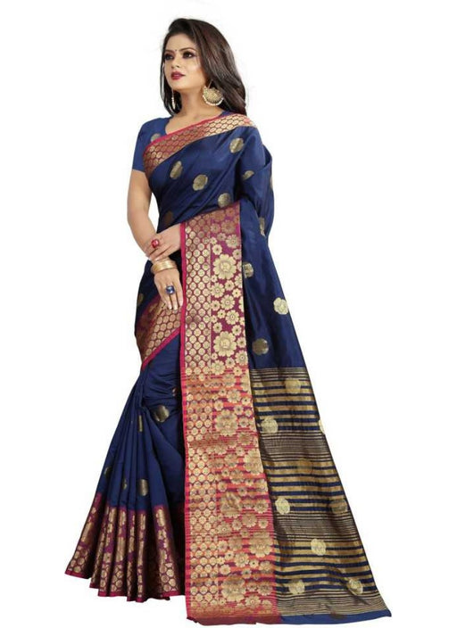 Navy Blue Color Weaving Cotton Silk Saree With Blouse only in Bigswipe