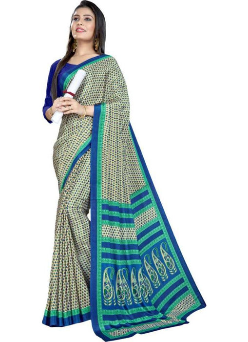 Cream And Blue Color Printed Silk Crepe Saree With Blouse only in Bigswipe