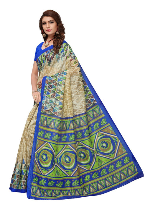 Blue and beige Color Printed Bhagalpuri Silk Saree With Blouse only in Bigswipe