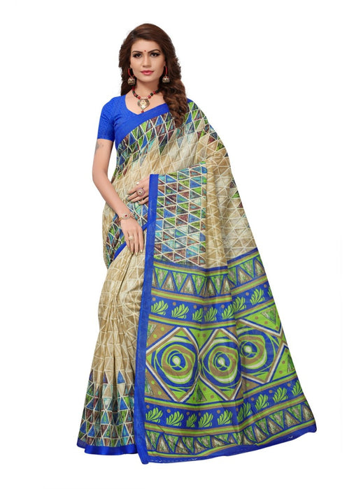 Blue and beige Color Printed Bhagalpuri Silk Saree With Blouse only in Bigswipe