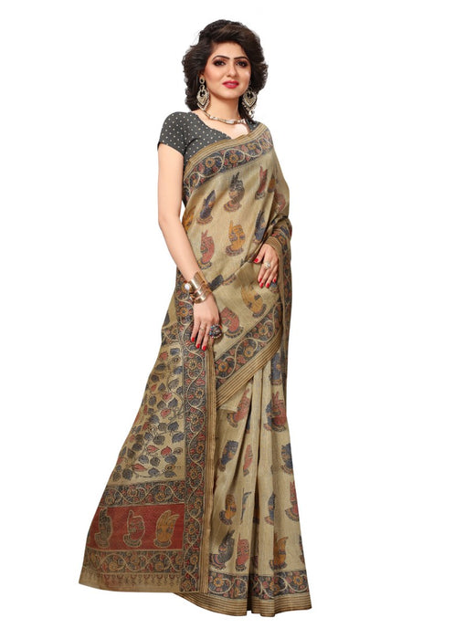 Beige Color Printed Bhagalpuri Silk Saree With Blouse only in Bigswipe