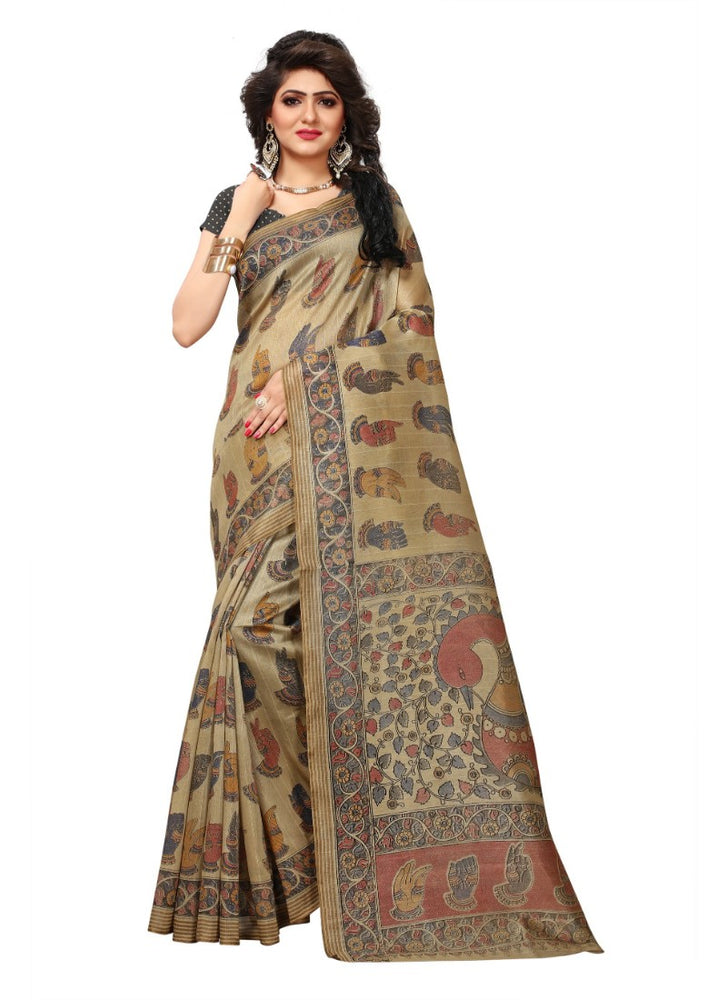 Beige Color Printed Bhagalpuri Silk Saree With Blouse only in Bigswipe