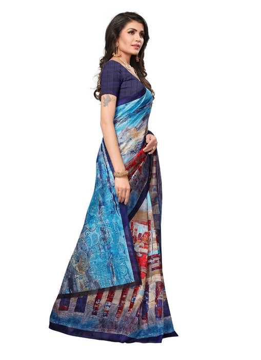 Blue Color Printed Bhagalpuri Silk Saree With Blouse only in Bigswipe