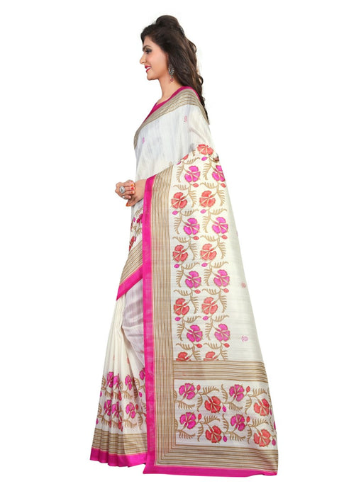 White and Pink Color Printed Bhagalpuri Silk Saree With Blouse