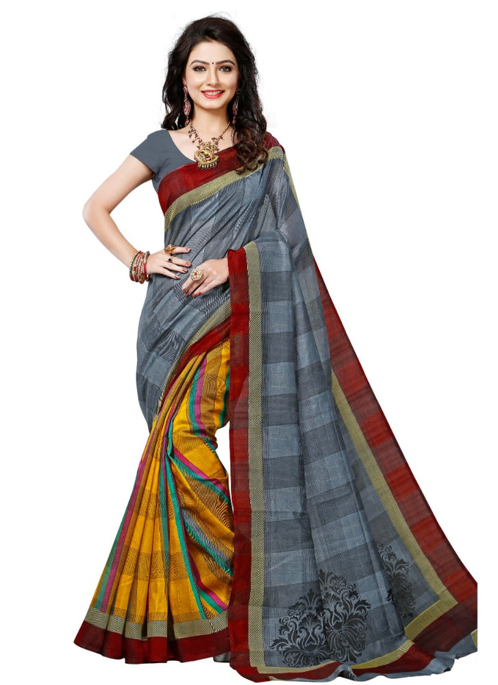 Grey Color Printed Bhagalpuri Silk Saree With Blouse only in Bigswipe