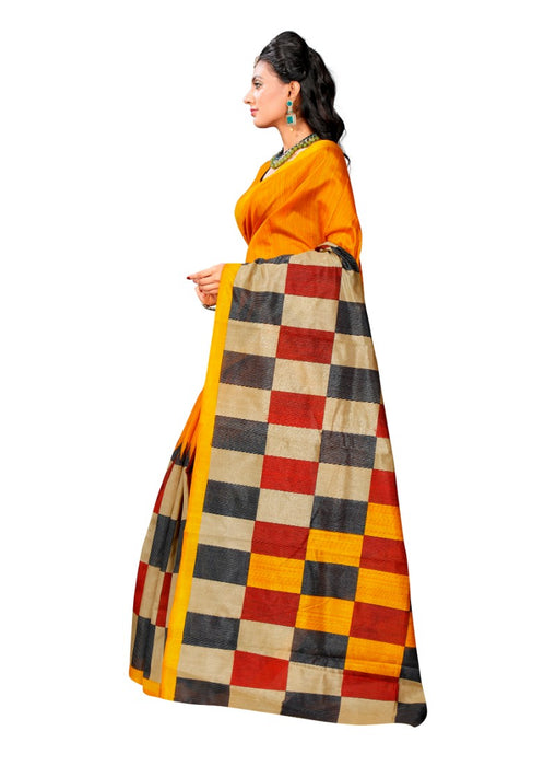 Yellow Color Printed Bhagalpuri Silk Saree With Blouse