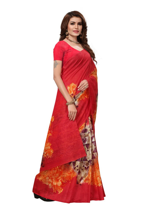 Red Color Printed Bhagalpuri Silk Saree With Blouse