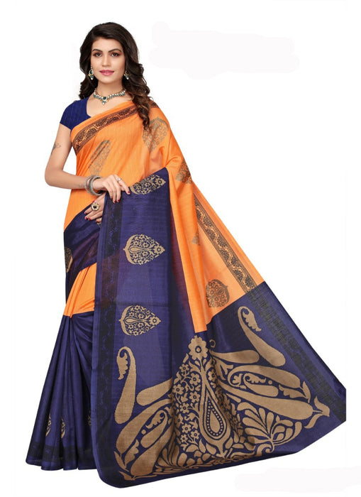 Blue and orange Color Printed Bhagalpuri Silk Saree With Blouse only in Bigswipe