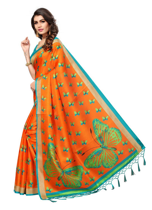 Orange Color Printed Khadi Silk Jhalor Saree With Blouse only in Bigswipe