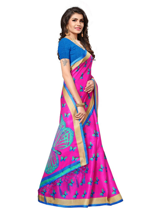 Rose Color Printed Khadi Silk Jhalor Saree With Blouse