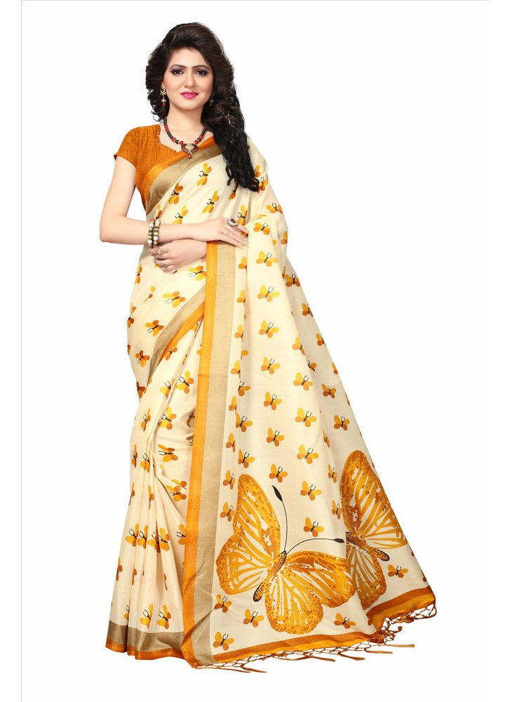 Orange Color Printed Khadi Silk Jhalor Saree With Blouse only in Bigswipe