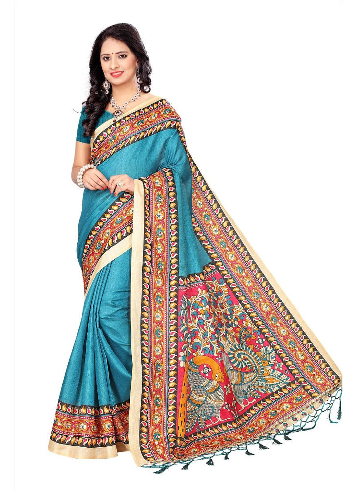 Blue Color Printed Khadi Silk Jhalor Saree With Blouse only in Bigswipe