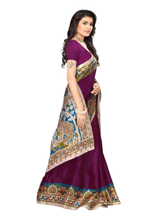 Purple Color Printed Khadi Silk Jhalor Saree With Blouse