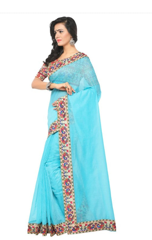 Sky Blue Color Printed Chanderi Saree With Blouse