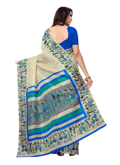 Offwhite and blue Color Printed Khadi Silk Saree With Blouse only in Bigswipe