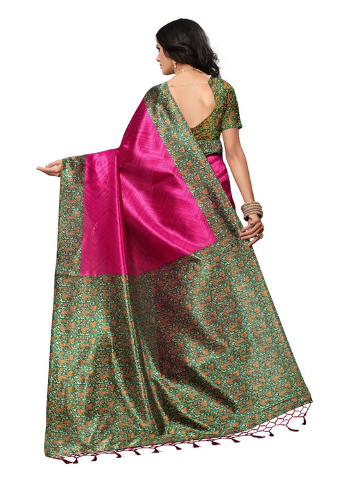 Rose Color Printed Mysore kalamkari Silk with jhalor Saree With Blouse