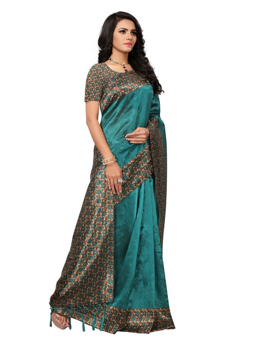 turquoise Color Printed Mysore kalamkari Silk with jhalor Saree With Blouse