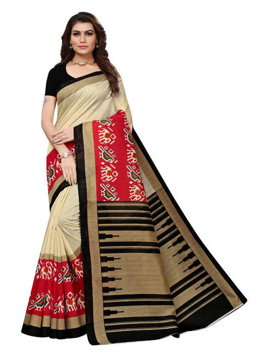 Black and beige Color Printed Bhagalpuri Silk Saree With Blouse only in Bigswipe