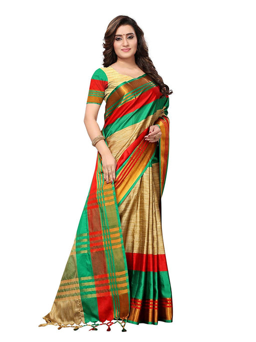 Beige, Turquoise, Red Color Poly Silk Saree only in Bigswipe