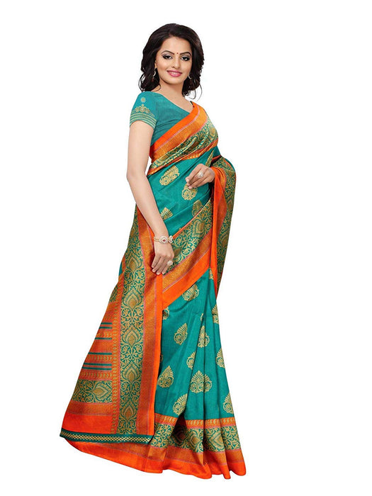 Turquoise, Multi Color Poly Silk Saree