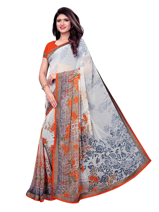 Off White, Orange Color Georgette Saree only in Bigswipe