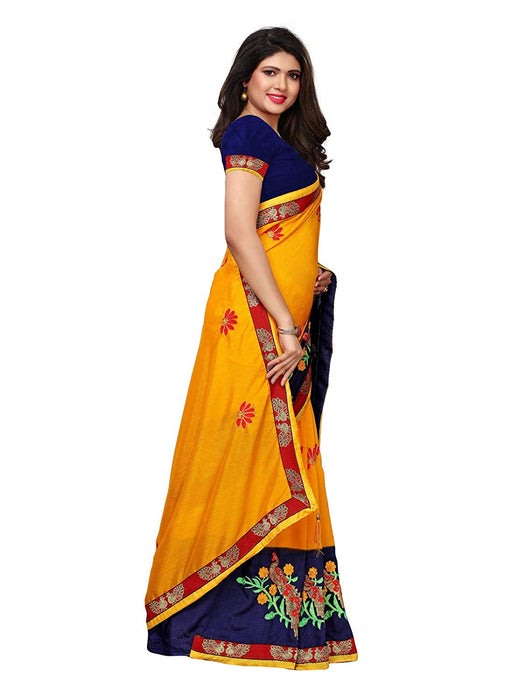 Yellow, Navy Blue Color Poly Silk Saree