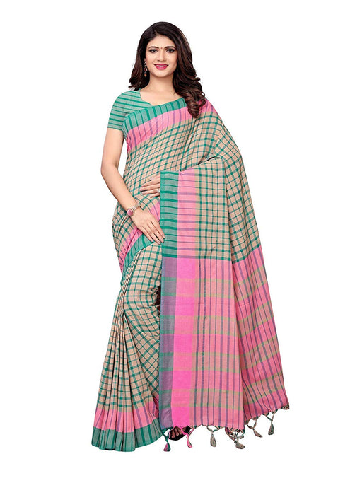 Beige, Pink, Turquoise Color Cotton Silk Saree only in Bigswipe