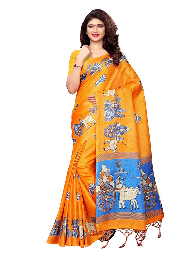 Orange, Blue Color Art Silk Saree only in Bigswipe