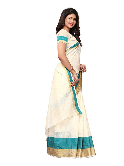 Off White, Turquoise Color Cotton Silk Saree only in Bigswipe