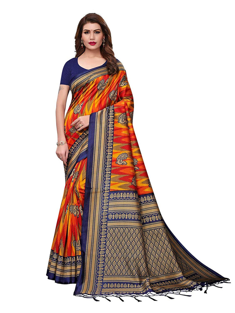 Navy Blue, Orange, Multi Color Poly Silk Saree only in Bigswipe