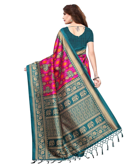 Turquoise, Pink, Multi Color Poly Silk Saree