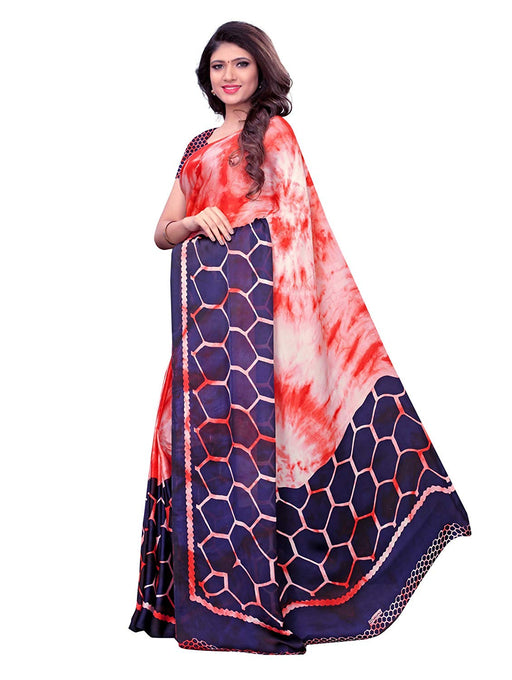 Peach, Navy Blue Color Satin Saree only in Bigswipe