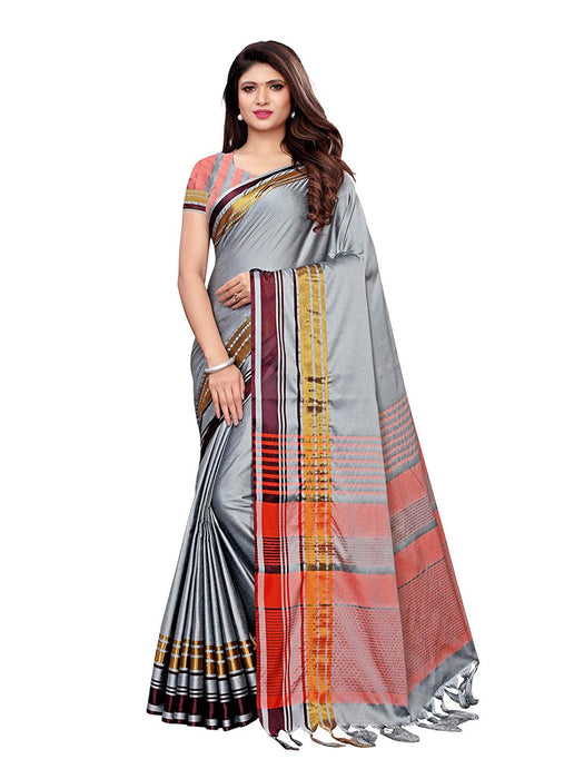 Grey, Peach Color Poly Silk Saree only in Bigswipe