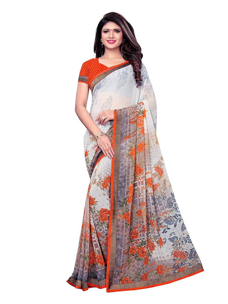 Off White, Orange Color Georgette Saree only in Bigswipe